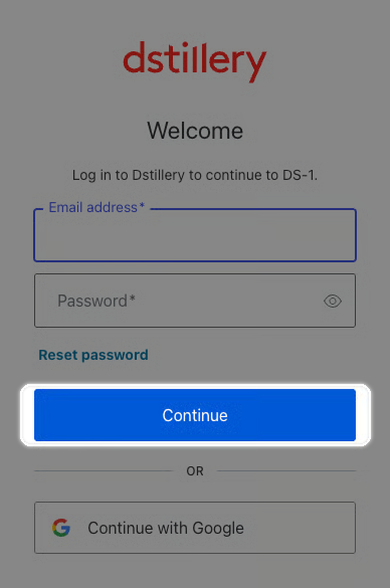 The DS-1 password reset screen with an email address field and Continue button.